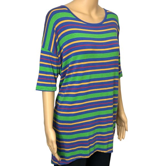 LuLaRoe Women's M Striped Green Blue Yellow Short Sleeve Irma Tunic Blouse Shirt - Picture 3 of 11